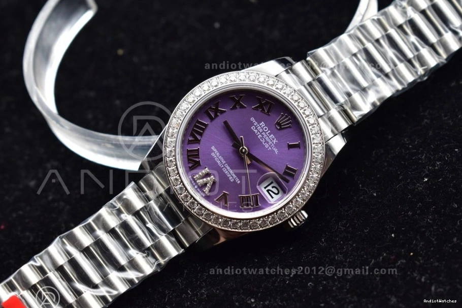 278289 President Purple Steel Diamonds DateJust Roman 552 Ladies Bezel Dial 316L BPF Contemporary on Markers Style 31 Bracelet 0512